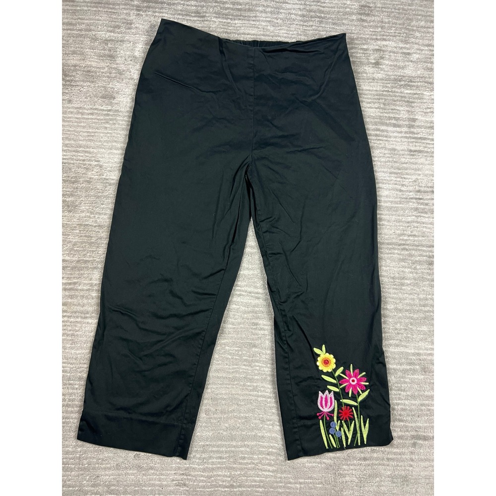 Marisa Christina Pants Womens 12 Black Floral Embroidered Cropped Capri Straight